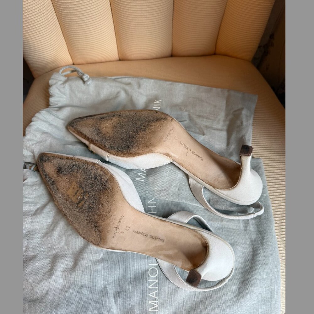 Manolo Blahnik White Pearl-Embellished Slingback Heels - Picture 15 of 15
